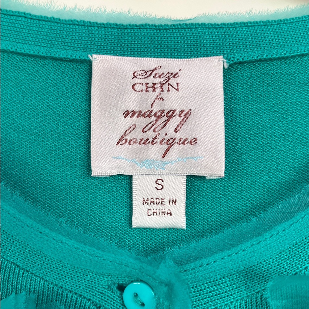 Suzi Chin Teal Silk Blend Cardigan Floral Detail Lightweight Size S - Picture 2 of 6